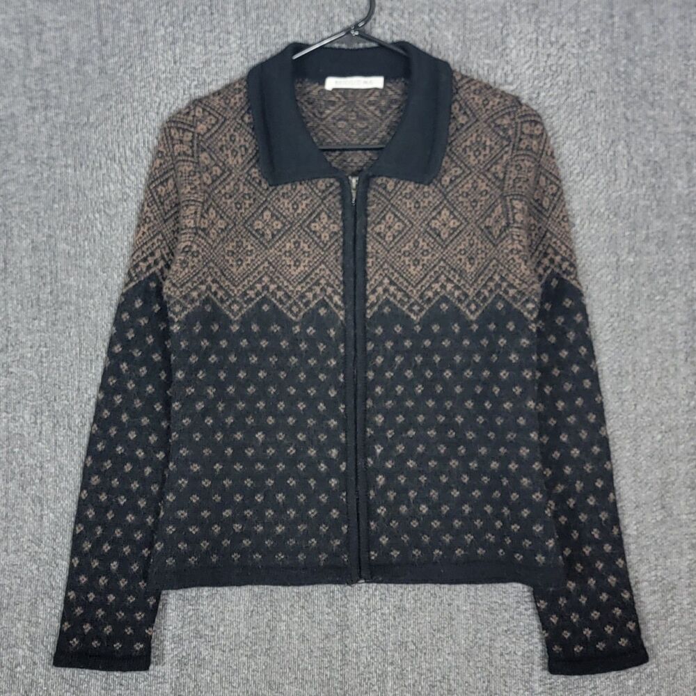 Heirlooms Sweater Womens S Brown Black 100% Wool Cardigan Nordic Y2K Full Zip